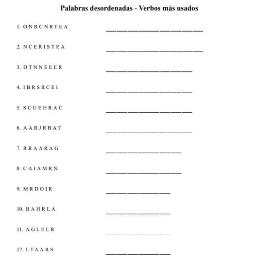 Pasatiempo de palabras desordenadas para imprimir – Verbos más usados en español