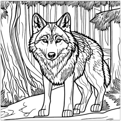 Dibujo de lobo en el bosque para imprimir y colorear