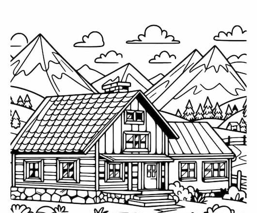 Dibujo para imprimir y colorear – Casa entre Montañas