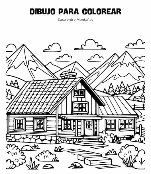 Dibujo para imprimir y colorear – Casa entre Montañas