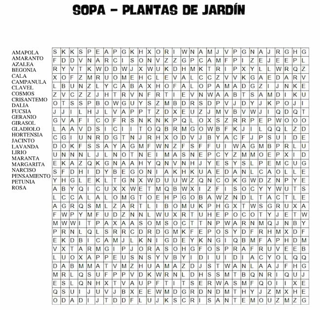 Sopa de letras gigante para imprimir – Plantas de Jardín