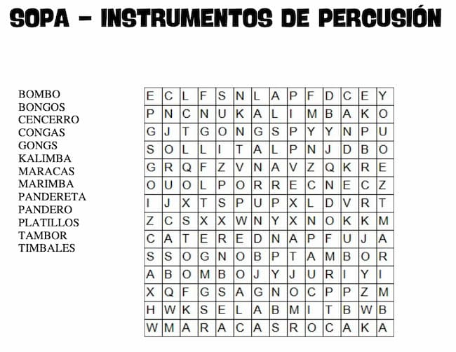 Sopa de letras para imprimir - Instrumentos de percusión