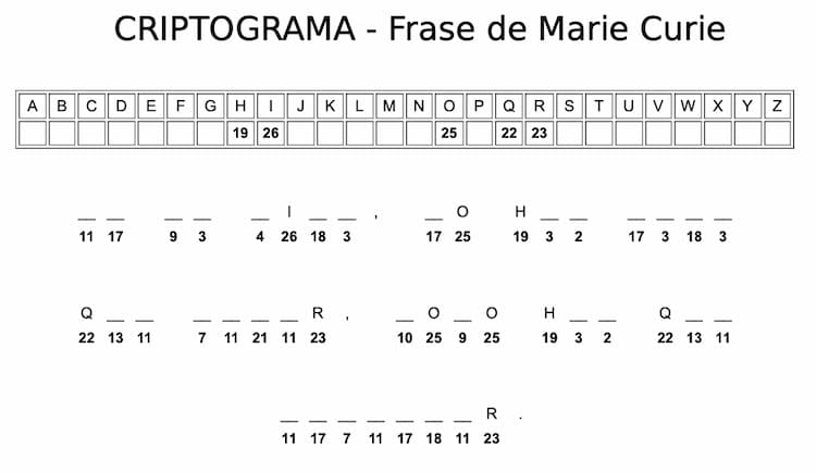 Criptograma para imprimir - Frase de Marie Curie