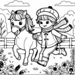 Dibujo para imprimir y colorear – Niña jugando con Caballo