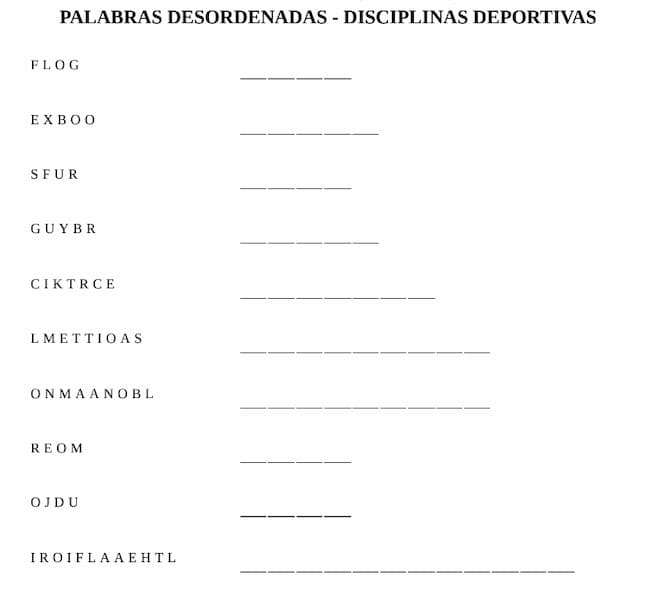 Pasatiempo de palabras desordenadas para imprimir – Disciplinas Deportivas