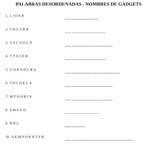 Pasatiempo de palabras desordenadas para imprimir – Nombres de Gadgets