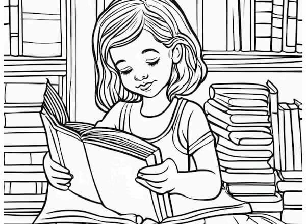 Dibujo para imprimir y colorear - Niña leyendo un libro