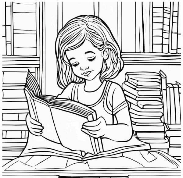 Dibujo para imprimir y colorear - Niña leyendo un libro