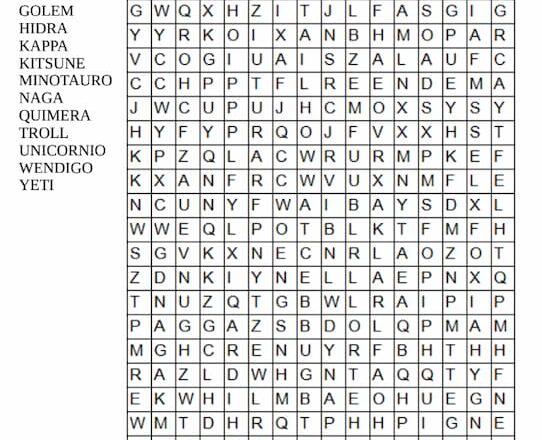 Sopa de letras para imprimir - Mitos y Leyendas