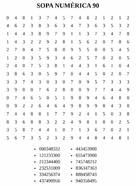 Sopa numérica para imprimir 90