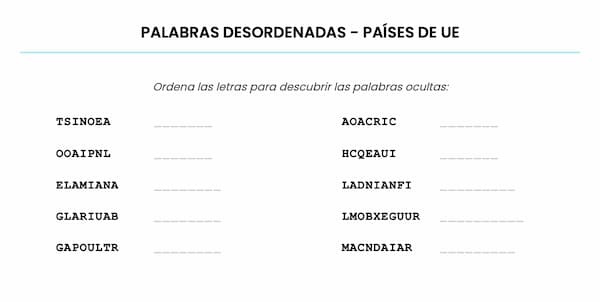 Pasatiempo de palabras desordenadas – Países de la Unión Europea
