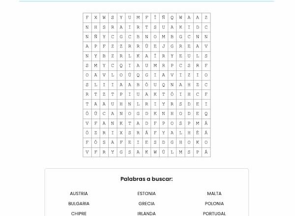 Sopa de letras para imprimir – Países de la UE