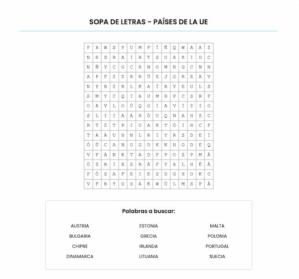Sopa de letras para imprimir – Países de la UE