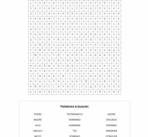 Sopa de letras para imprimir – Parentescos familiares
