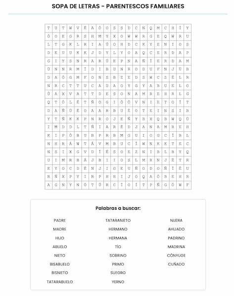Sopa de letras para imprimir – Parentescos familiares