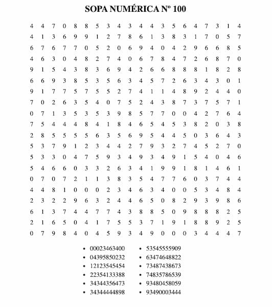 Sopa numérica para imprimir 100