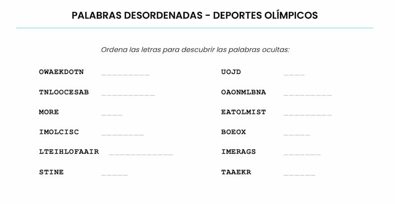 Pasatiempo de palabras desordenadas – Deportes olímpicos