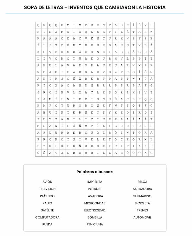 Sopa de letras para imprimir – Inventos que cambiaron la historia