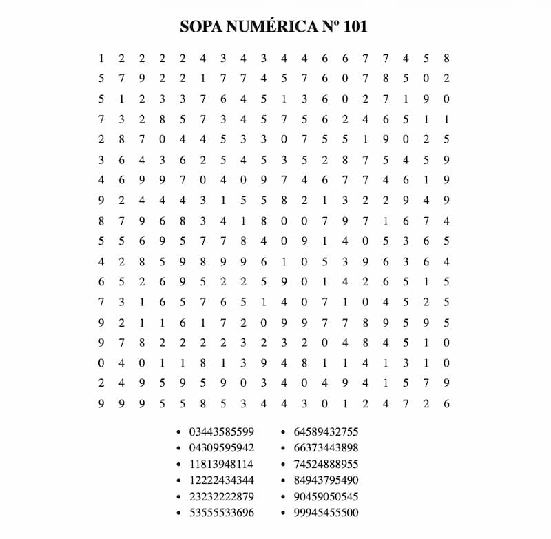 Sopa numérica para imprimir 101