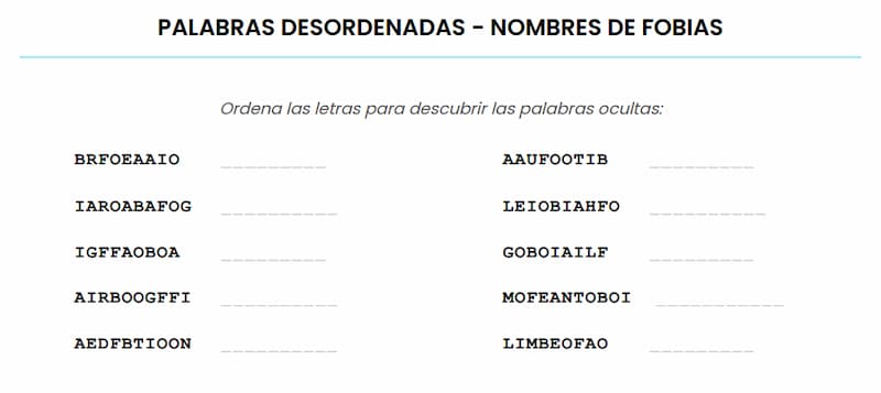 Pasatiempo de palabras desordenadas – Nombres de Fobias