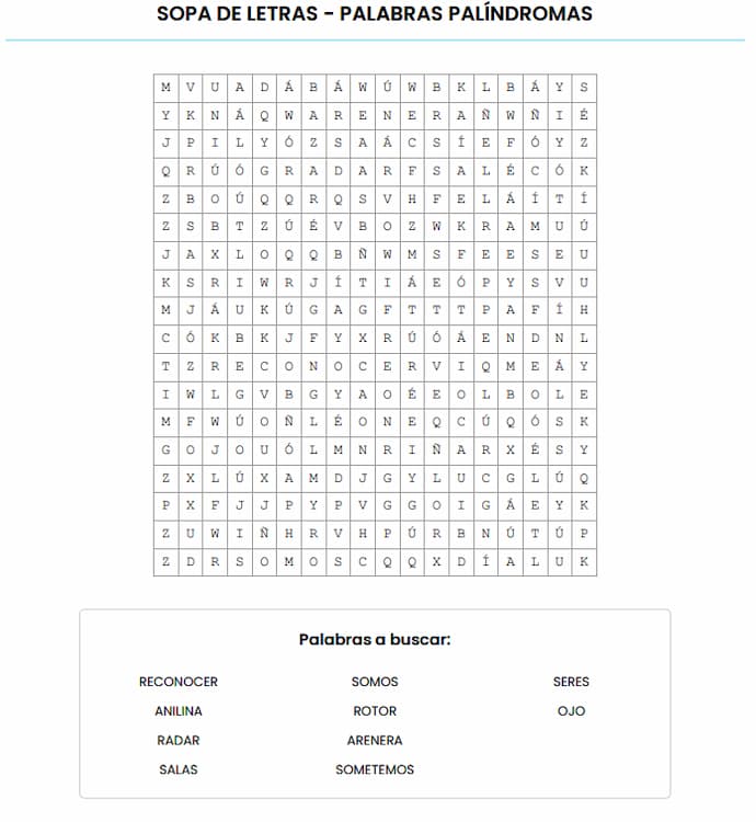 Sopa de letras para imprimir – Palabras palíndromas