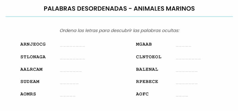 Pasatiempo de palabras desordenadas – Animales Marinos