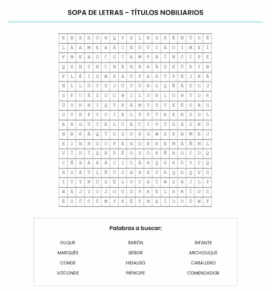Sopa de letras para imprimir – Títulos nobiliarios