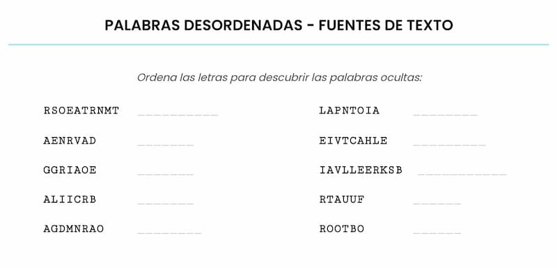 Pasatiempo de palabras desordenadas - Fuentes de Texto