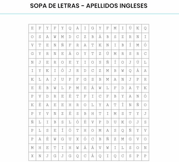 Sopa de letras para imprimir – Apellidos Ingleses