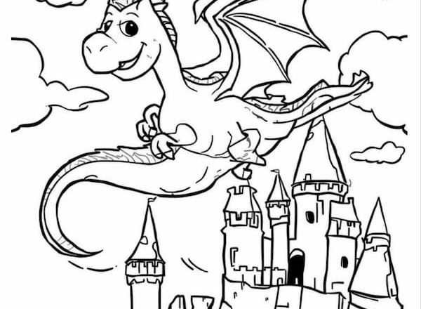 Dibujo para imprimir y colorear - Dragón sobre Castillo