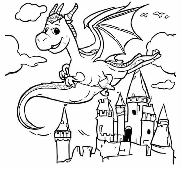 Dibujo para imprimir y colorear - Dragón sobre Castillo